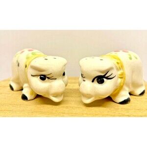 Anthropomorphic Mini Pig Salt & Pepper Shakers Vintage Floral Figurine Pair